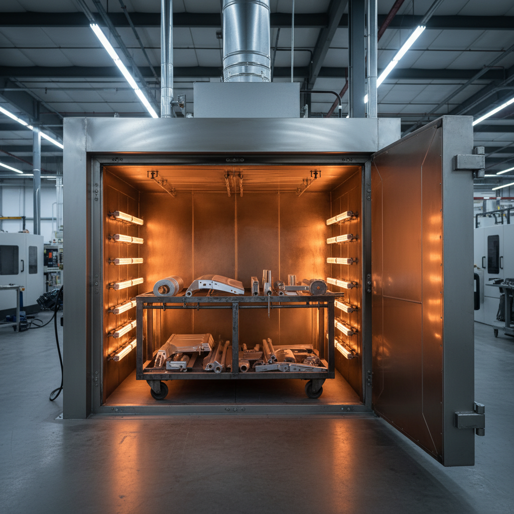 Walk-in powder coating oven with parts on rolling cart